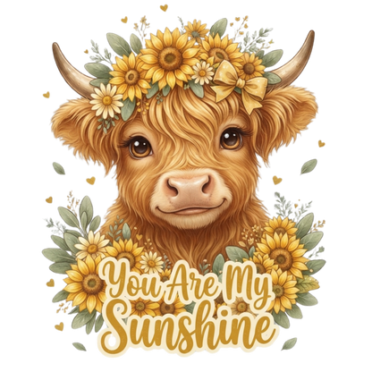 A fluffy brown highland cow with sunflower and greenery in its horns, surrounded by yellow sunflowers, leaves, and the phrase “You Are My Sunshine” in large decorative lettering on a white background.