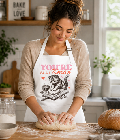 Woman in a kitchen wearing an apron with a cat graphic and text, kneading dough.