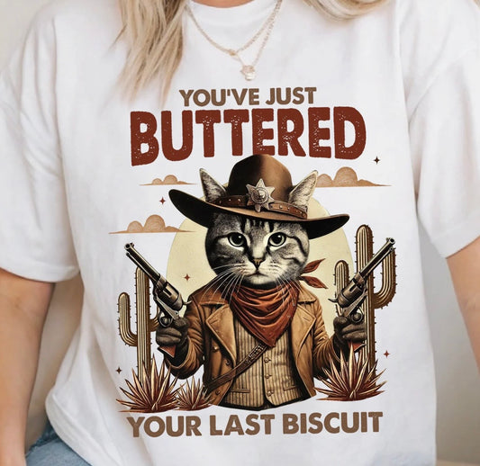 Sheriff cat cowboy graphic tee with funny western quote