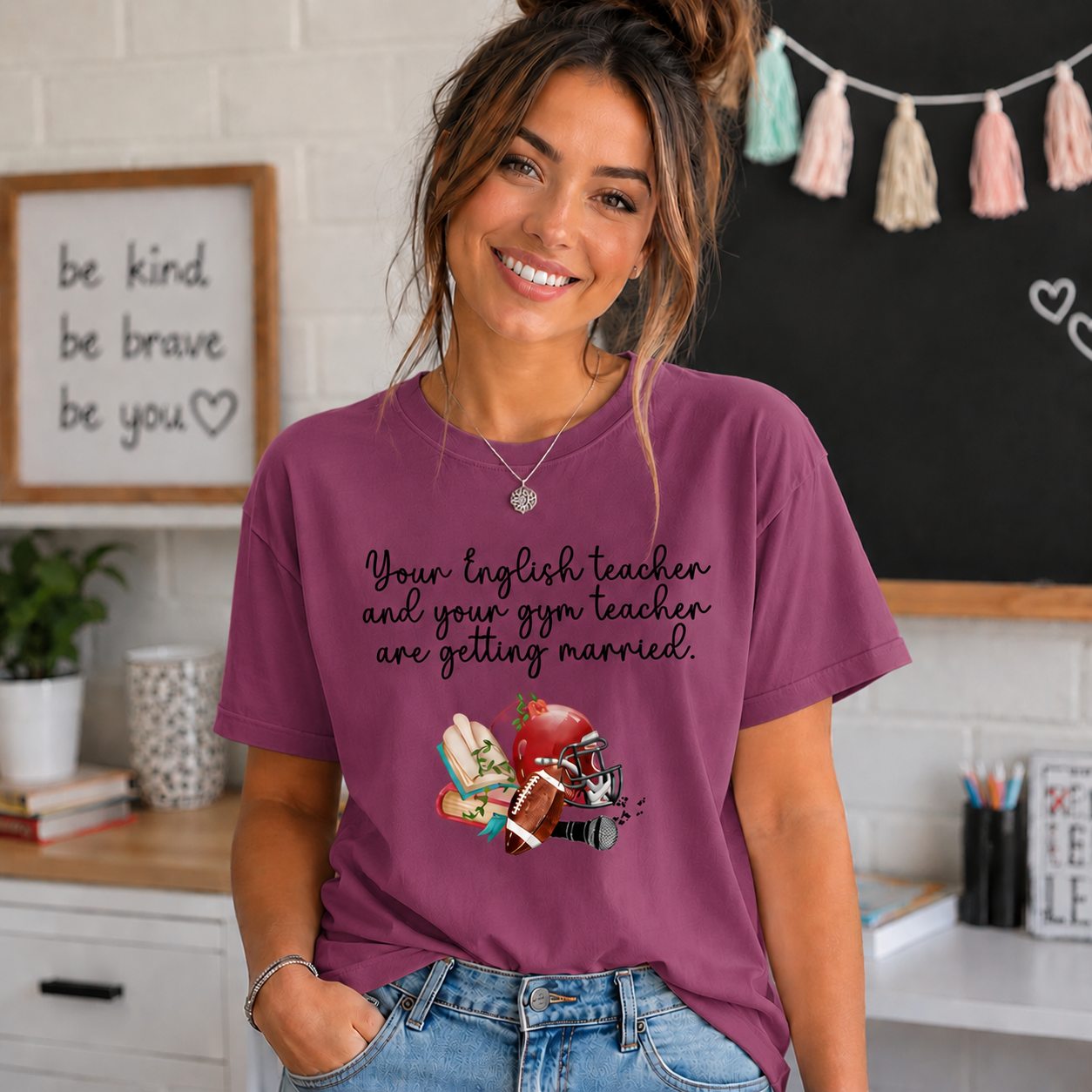 Graphic Tee reading “Your English Teacher & Your Gym Teacher Are Getting Married,” perfect for T-Swift fans and pop culture enthusiasts.