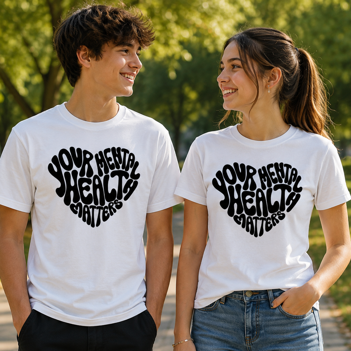 Two people wearing white t-shirts with 'Your Mental Health Matters' text in a heart shape, standing outdoors.