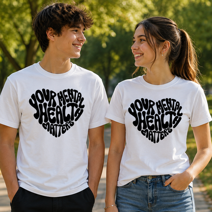 Two people wearing white t-shirts with 'Your Mental Health Matters' text in a heart shape, standing outdoors.