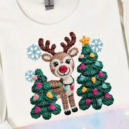 Festive youth sweatshirt with faux yarn reindeer and Christmas trees. Soft, cozy, and perfect for holiday celebrations.