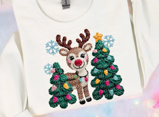 Festive youth sweatshirt with faux yarn reindeer and Christmas trees. Soft, cozy, and perfect for holiday celebrations.