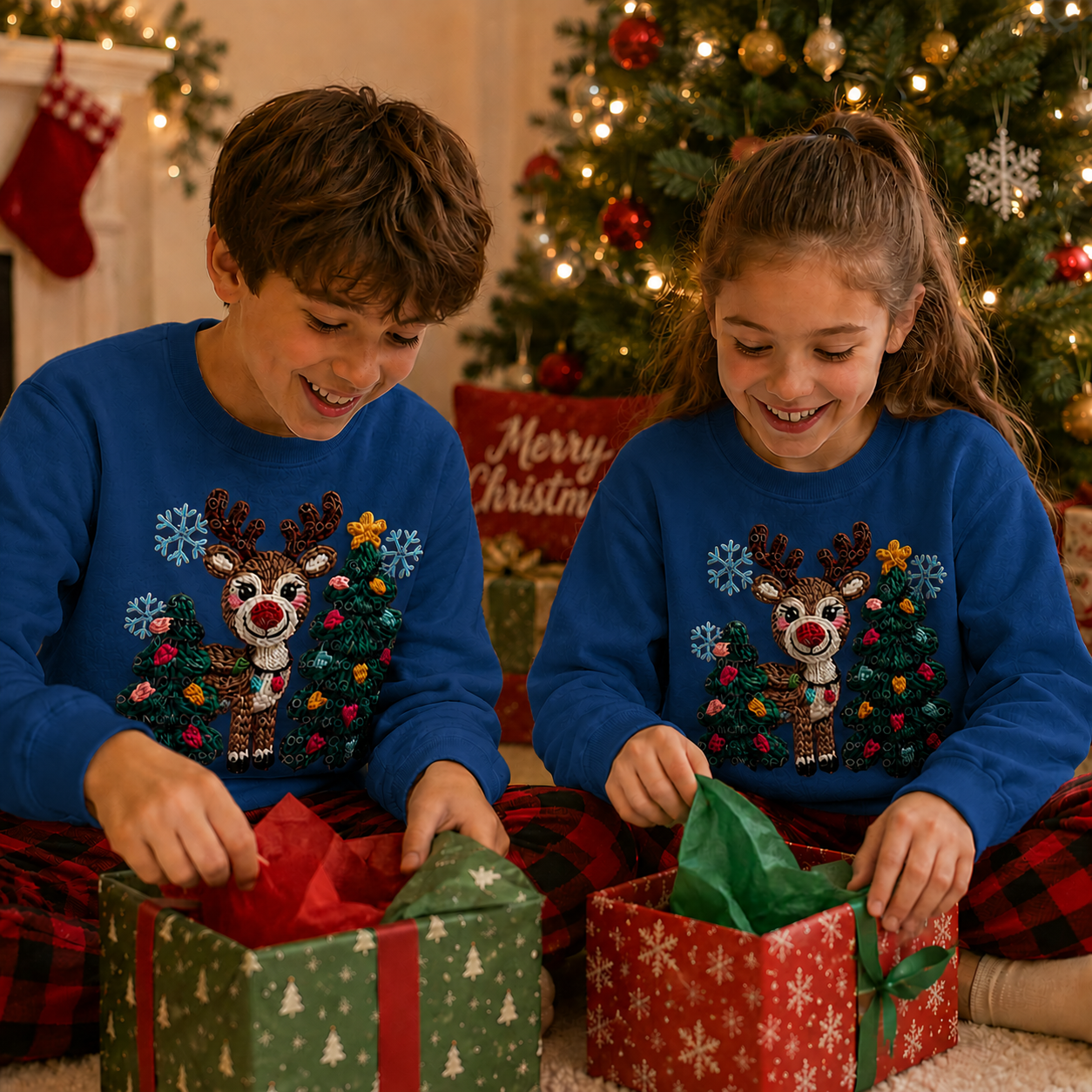 Two children wearing royal blue colored sweatshirts with a deer and Christmas trees faux yarn graphic design.