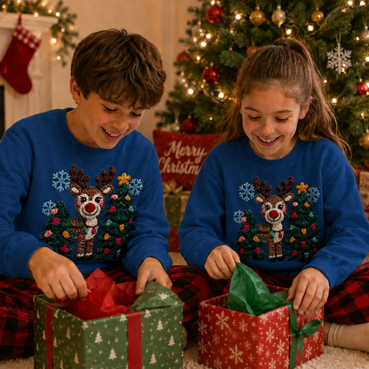 Two children wearing royal blue colored sweatshirts with a deer and Christmas trees faux yarn graphic design.