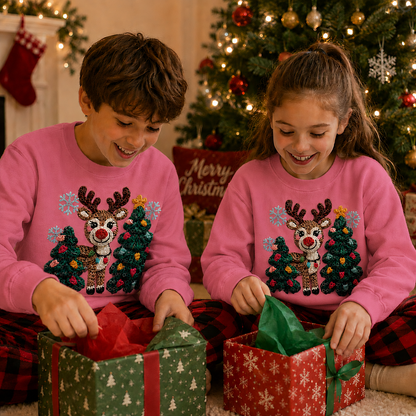 Two children wearing safety pink colored sweatshirts with a deer and Christmas trees faux yarn graphic design.