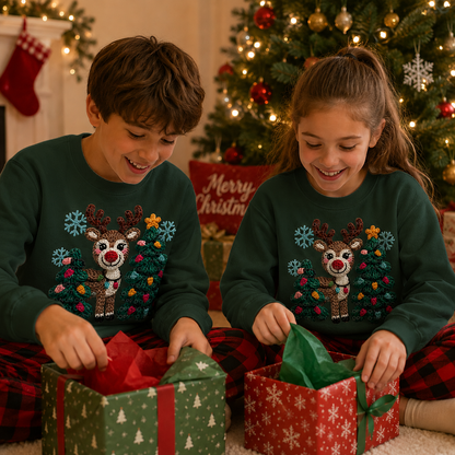 Two children wearing forest green colored sweatshirts with a deer and Christmas trees faux yarn graphic design.