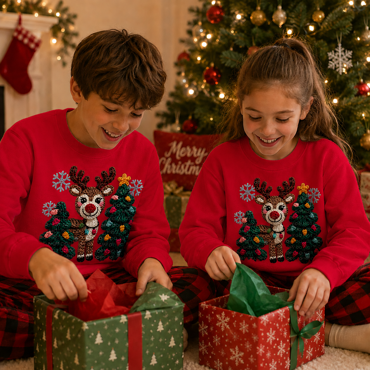 Two children wearing red colored sweatshirts with a deer and Christmas trees faux yarn graphic design.