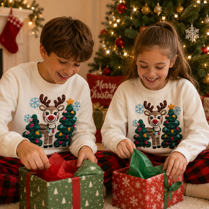 Two children wearing white colored sweatshirts with a deer and Christmas trees faux yarn graphic design.