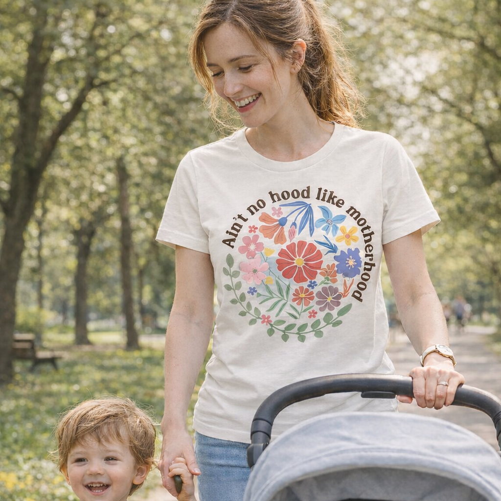 Woman walking with a child and stroller in a park, wearing a t-shirt with a floral design and text.