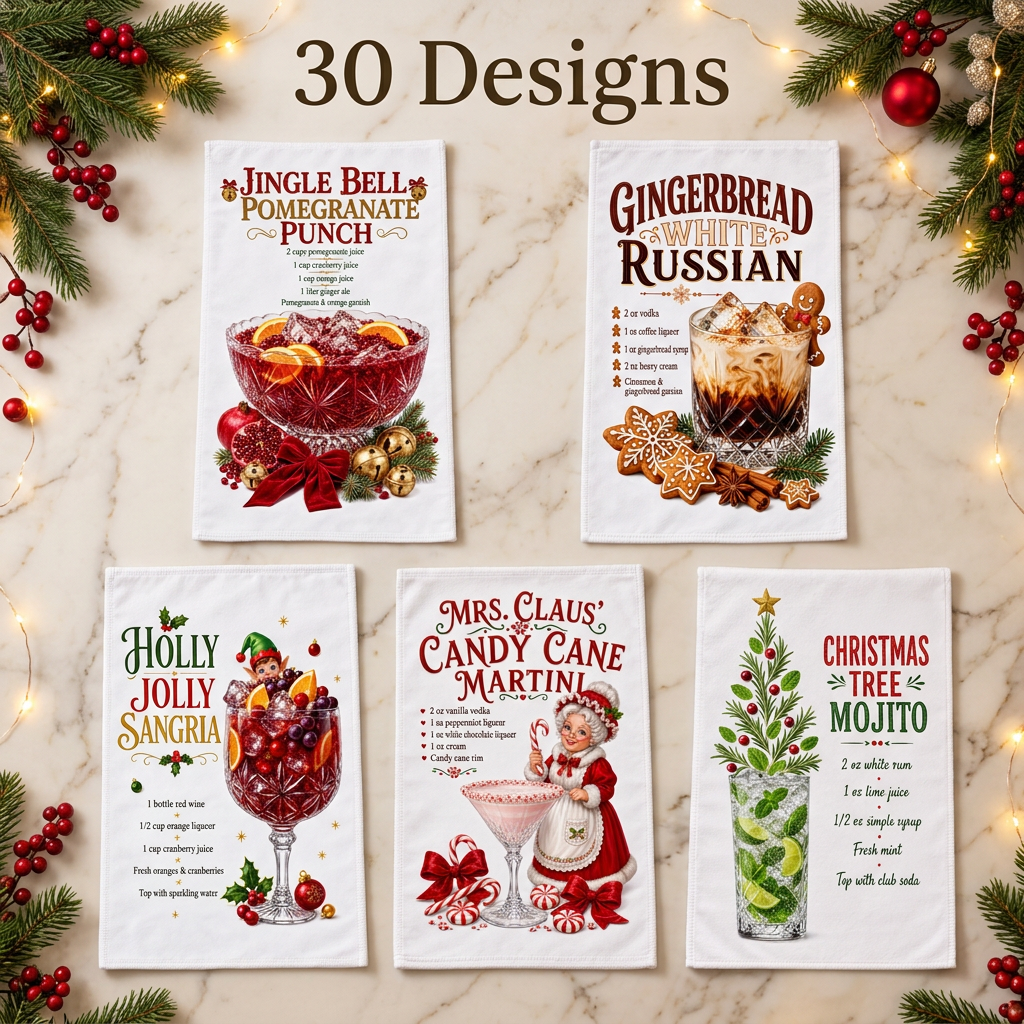Merry Mixology Decorative Kitchen Towels - 30 Designs
