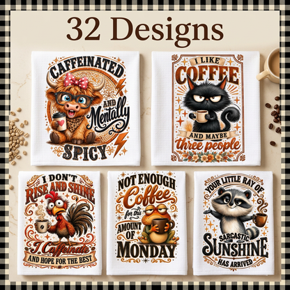 Coffee, Chaos and Sarcasm towel cover with five designs and “32 Designs” at the top