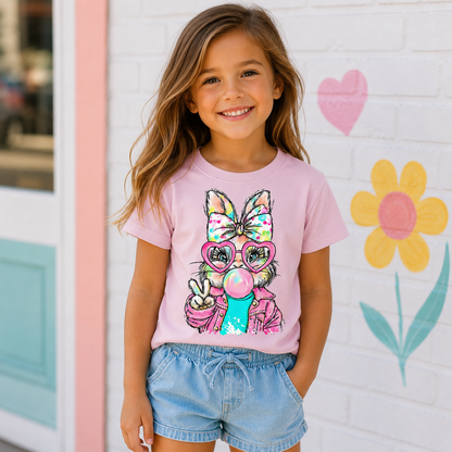 Bubblegum Bunny youth light pink graphic t-shirt with bunny wearing heart shaped sunglasses denim jacket and peace sign