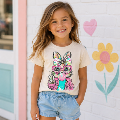Bubblegum Bunny youth natural colored graphic t-shirt with bunny wearing heart shaped sunglasses denim jacket and peace sign