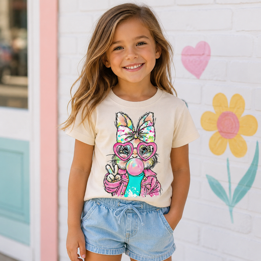 Bubblegum Bunny youth natural colored graphic t-shirt with bunny wearing heart shaped sunglasses denim jacket and peace sign