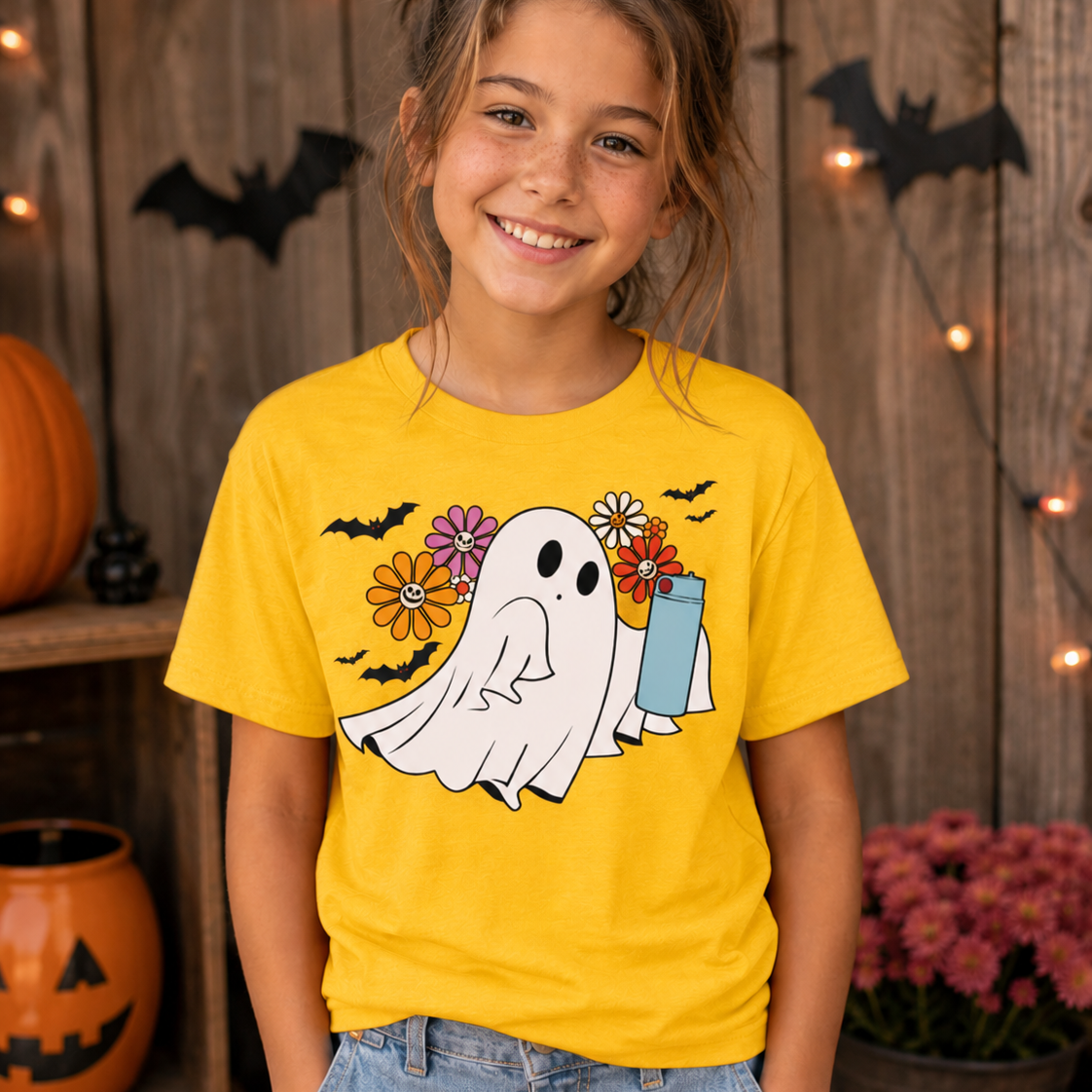 Girl wearing a daisy colored t-shirt with a ghost graphic design with flowers and bats