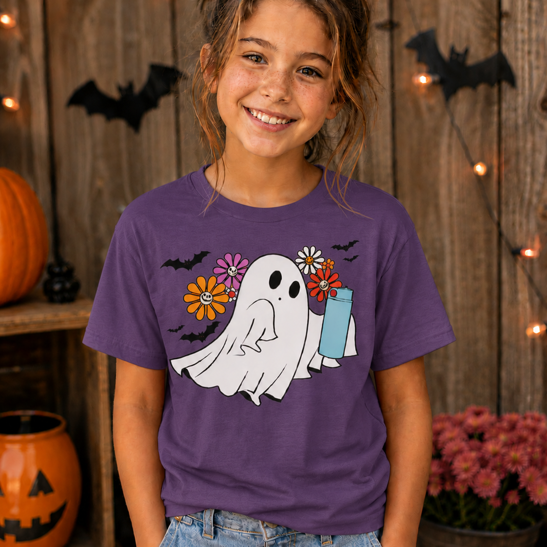 Girl wearing a purple t-shirt with a ghost graphic design with flowers and bats