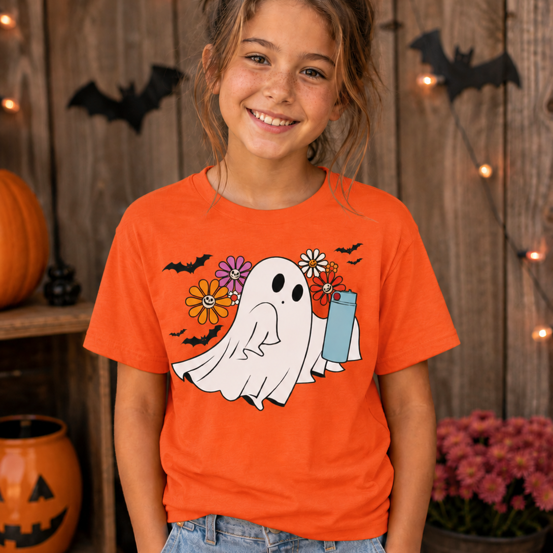 Girl wearing an orange colored t-shirt with a ghost graphic design with flowers and bats