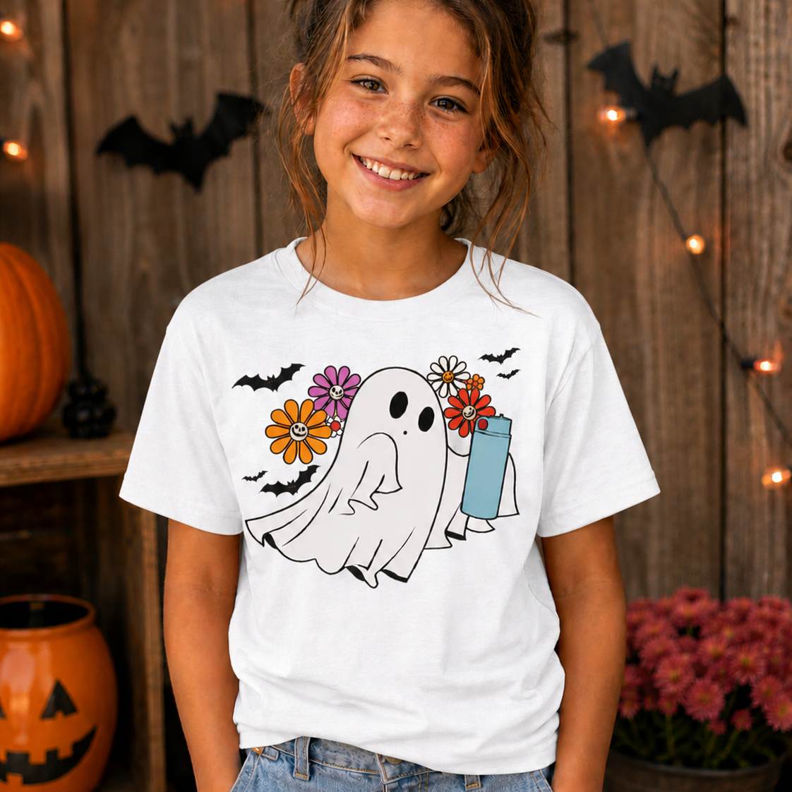 Girl wearing a white t-shirt with a ghost graphic design with flowers and bats