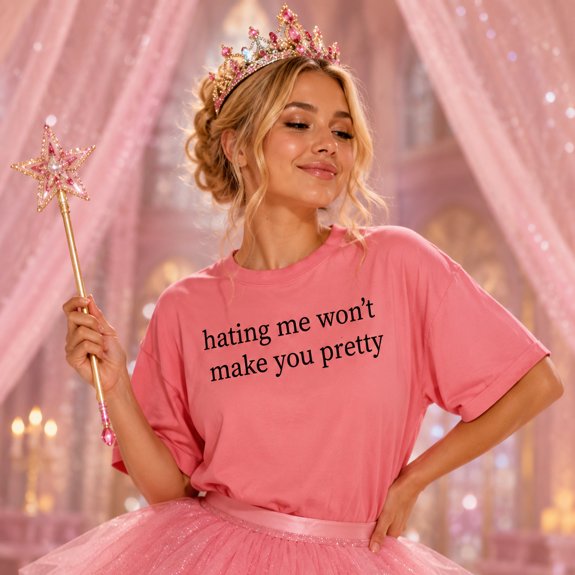 Woman in a pink outfit with a tiara and wand, wearing a shirt with text, in a sparkly room.