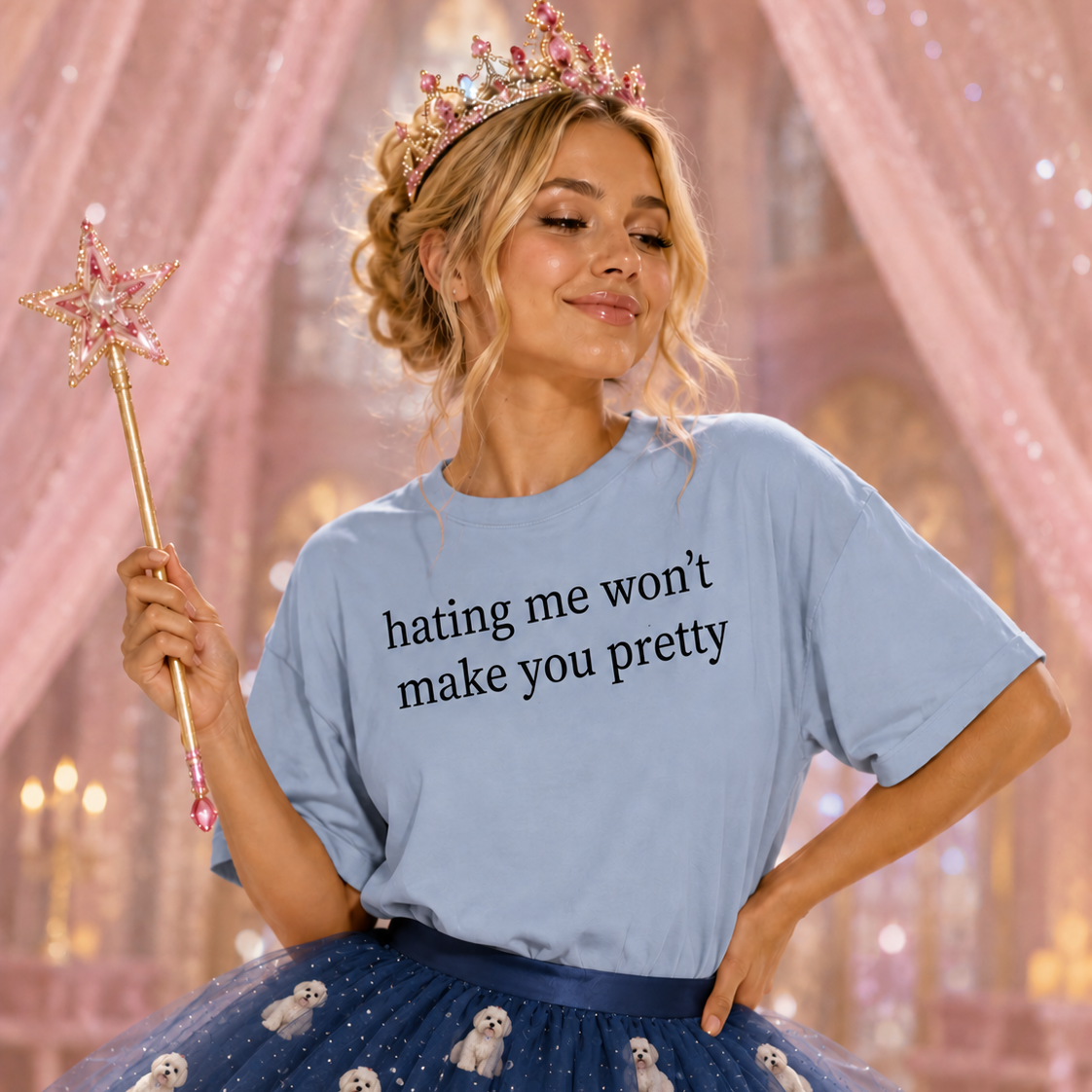 Woman in a blue t-shirt with text and a navy skirt with dog prints, holding a wand and tiara.