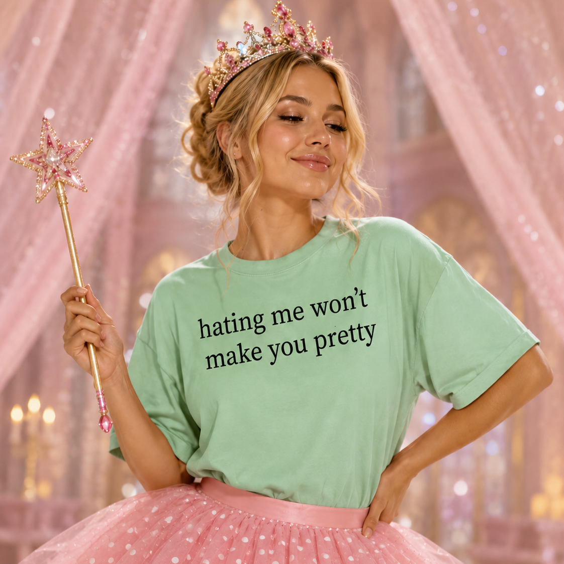 Woman with a green colored t-shirt with the text Hating me won't make you pretty