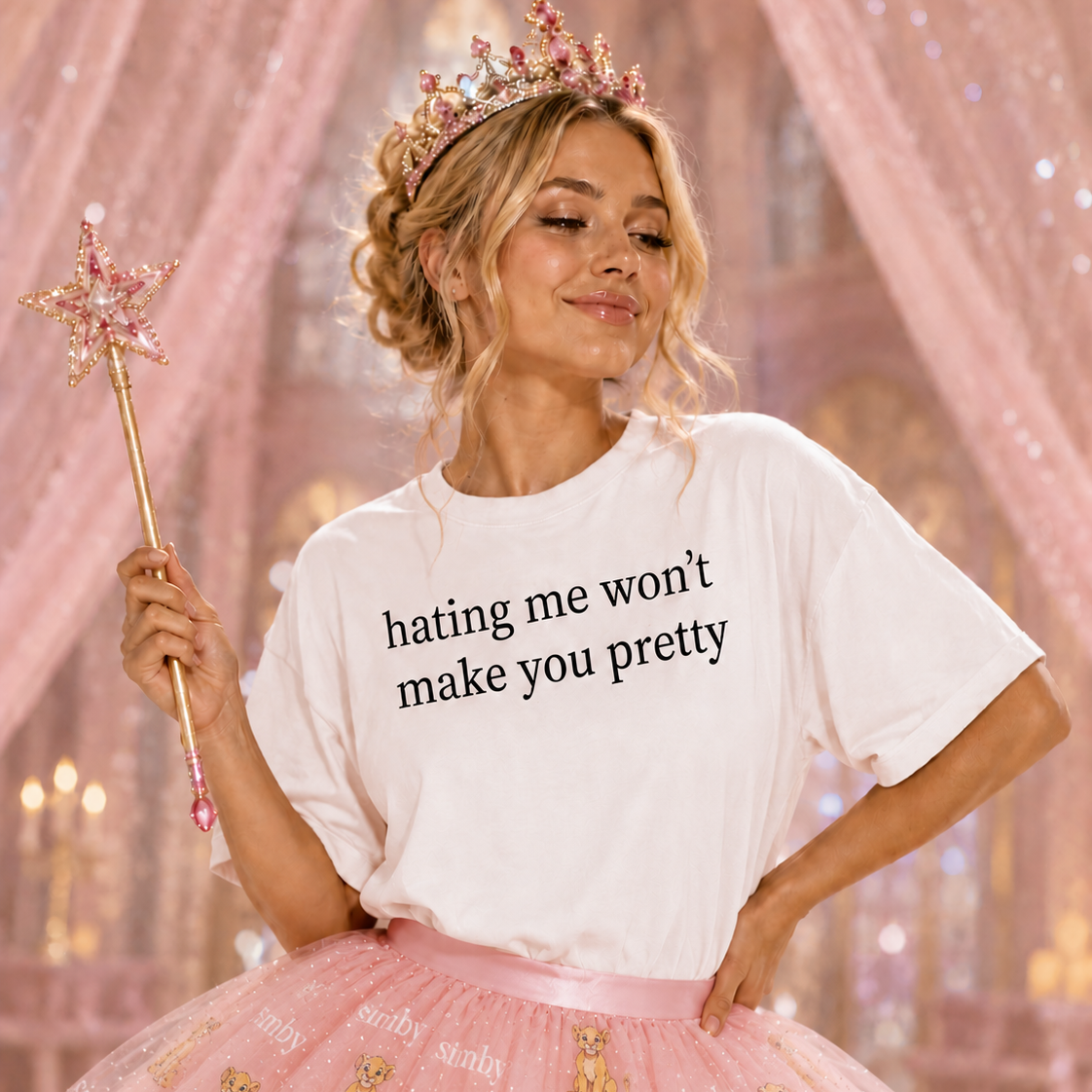 Woman in a white t-shirt with text and pink skirt holding a wand in a fairy-tale setting