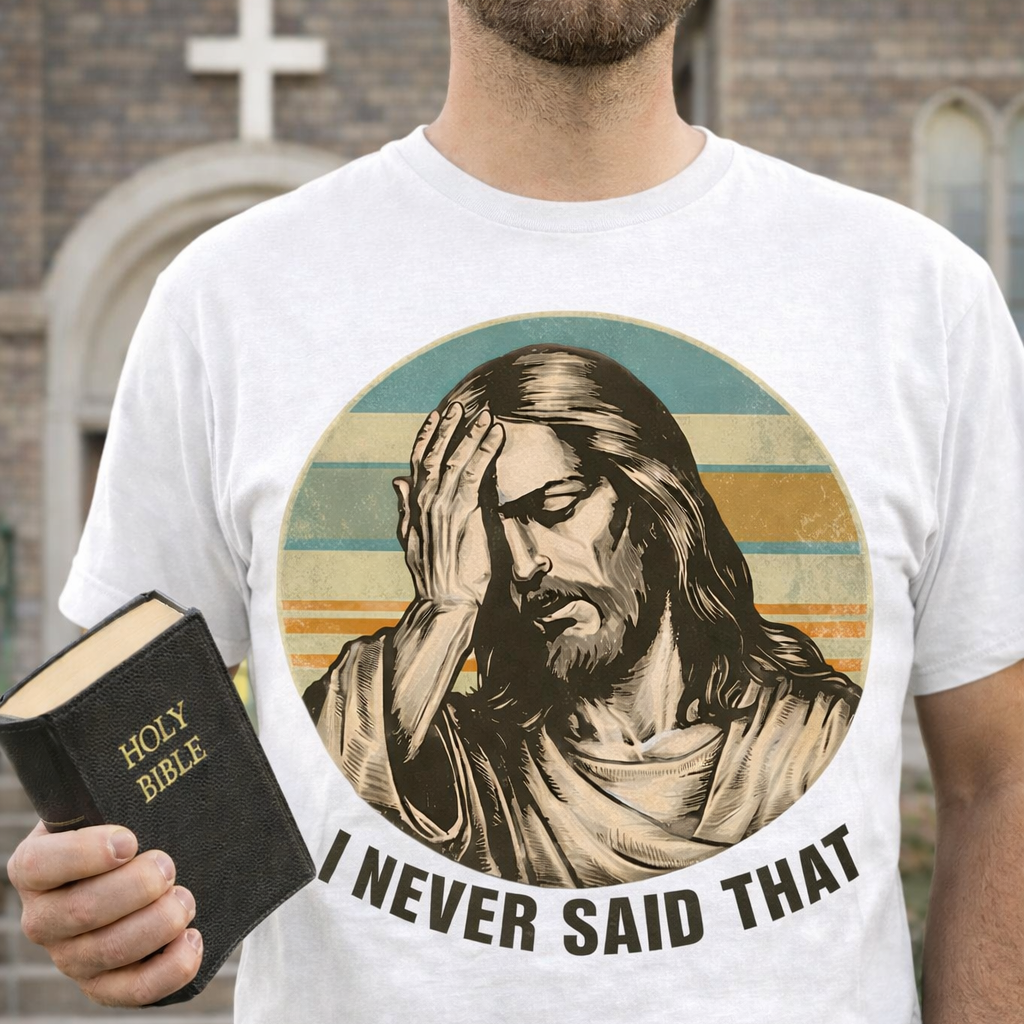 A man wearing a white t-shirt with a graphic of Jesus and text, holding a Bible, in front of a brick building.