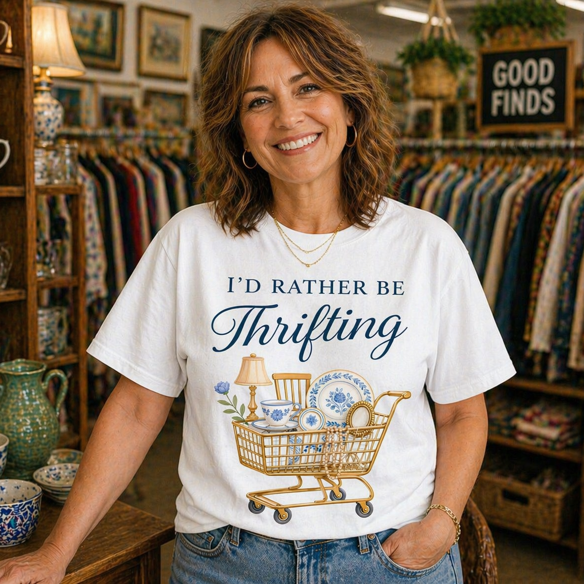 Woman wearing a 'I'd Rather Be Thrifting' white t-shirt in a store setting