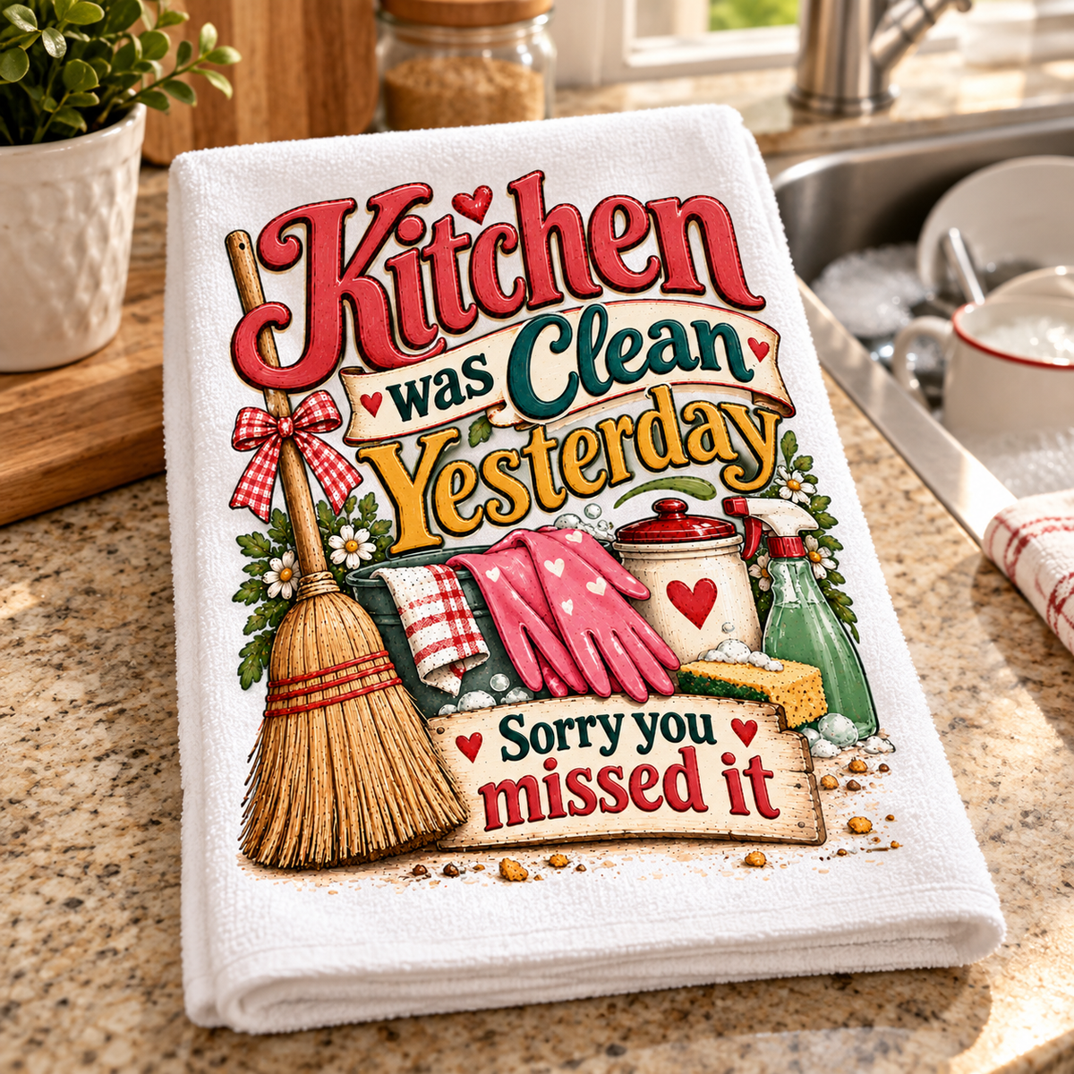A white kitchen towel with a colorful graphic that reads 'Kitchen was Clean Yesterday Sorry you missed it,' styled on a granite countertop near a sink and kitchen items.
