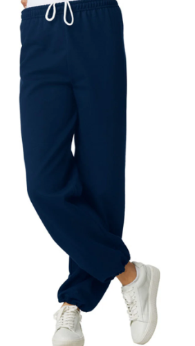 Navy blue sweatpants worn by a person on a white background