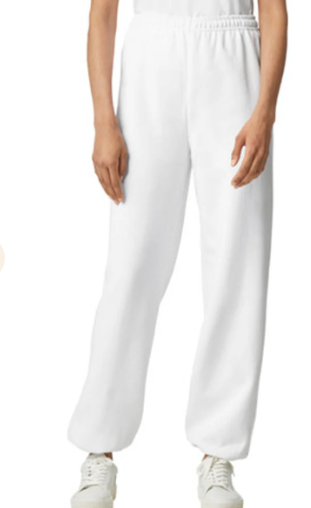 White pants worn by a person on a white background